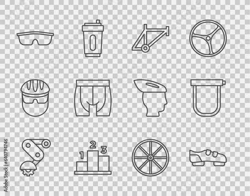 Set line Derailleur bicycle rear, Bicycle shoes, frame, Award over sports winner podium, Sport cycling sunglasses, Cycling shorts, wheel and lock icon. Vector