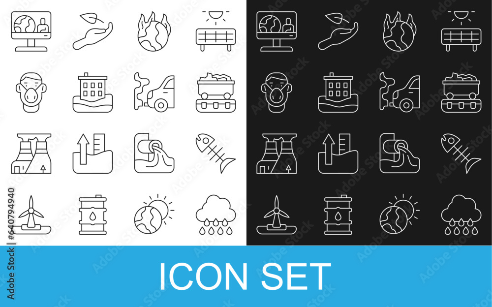 Set line Cloud with rain, Dead fish, Coal train wagon, Global warming fire, House flood, Face protective mask, Weather forecast and Car exhaust icon. Vector