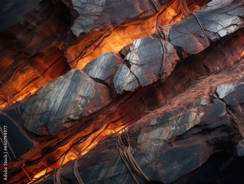 Visible veins of copper in the rocky wall of a mine, close-up shot Visible veins of copper in the rocky wall of a mine, close-up shot