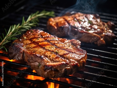 Pork Neck Steaks on a grill, close-up shot