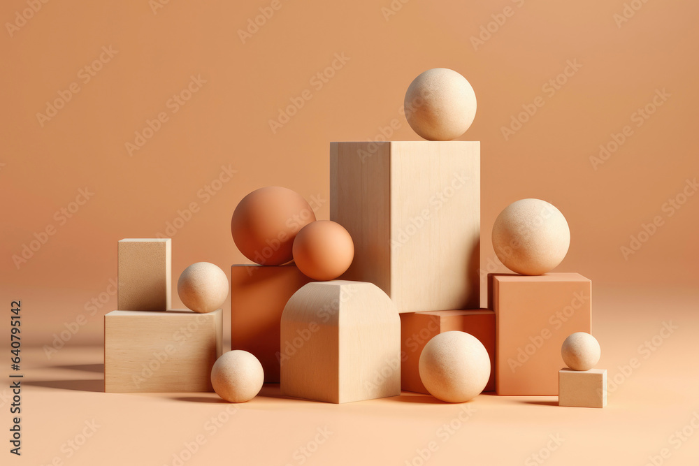 Wooden beige shapes in various forms on a wooden pedestal create a unique and artistic design. Neutral colors and geometric balance add a touch of modern monochrome minimalism - obrazy, fototapety, plakaty 