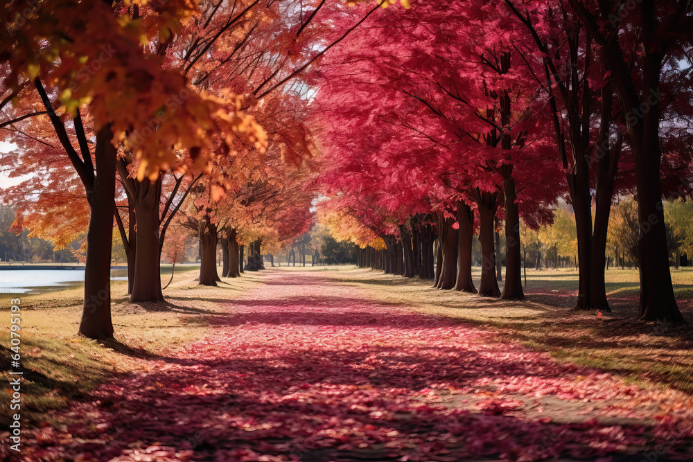landscape of trees with maroon leaves in autumn, ai generated