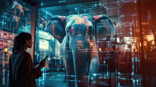 a person looking at a hologram elephant, Futuristic theme, Generative ai