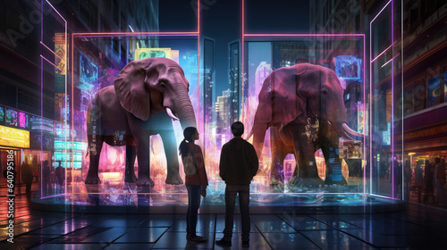 a person looking at a hologram elephant, Futuristic theme, Generative ai photo
