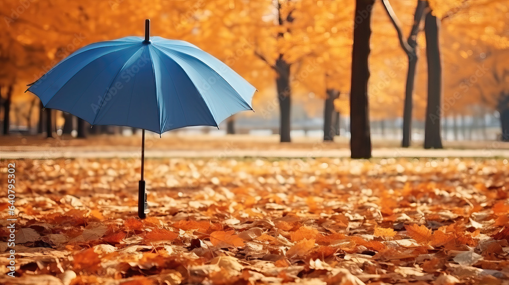 blue umbrella flying in a park in autumn, ai generated