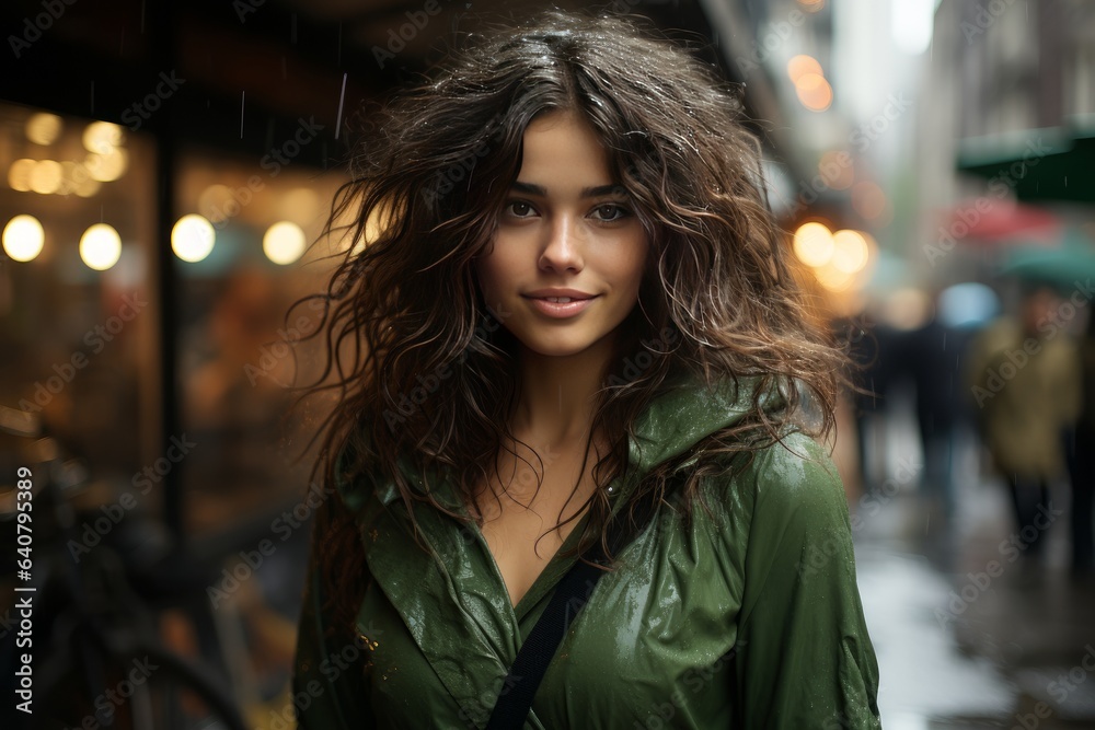 young girl on a rainy day with a green umbrella young girl on a rainy day with a green umbrella