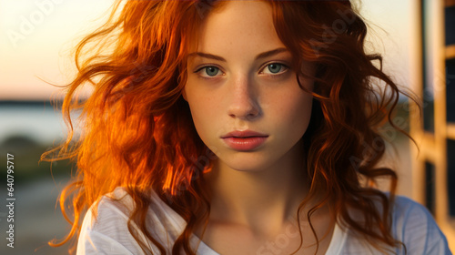 Enthralling redhead with blue eyes  freckles and a white sundress  lost in thought against a vivid beach sunset backdrop. Infused with natural beauty and serene tranquility.