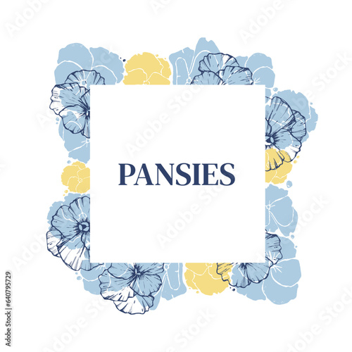 Square frame for text made of blue flowers. Pansies. Vector illustration for the design of cards, covers, greeting cards, packaging