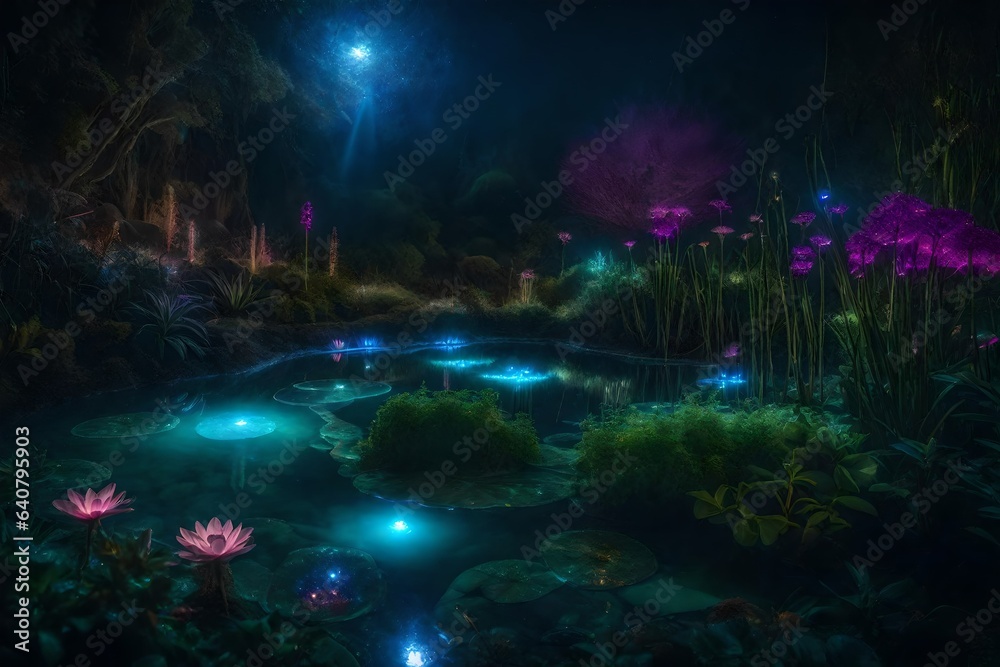 a magical garden realm with bioluminescent plants and surreal flora - AI Generative