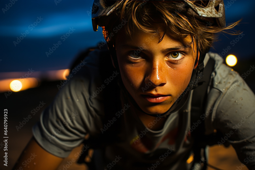 Exhilarating image of a determined young cyclist focused on the road ahead, against a blurred, moonlit beach at twilight. Captures intensity and serenity. Exhilarating image of a determined young cyclist focused on the road ahead, against a blurred, moonlit beach at twilight. Captures intensity and serenity.