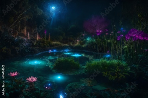 a magical garden realm with bioluminescent plants and surreal flora - AI Generative