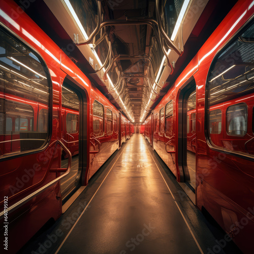 A red train with reflection. Generative AI