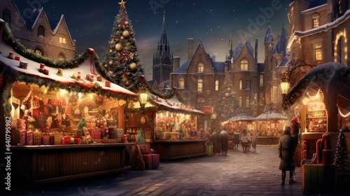bustling Christmas market with rows of vendor stalls adorned with vibrant decorations and twinkling lights  creating a festive atmosphere.