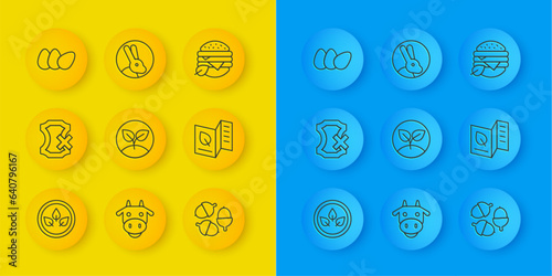 Set line Vegan food diet, No leather, Sprout, Acorn, Vegetarian menu, Chicken egg, and Rabbit icon. Vector