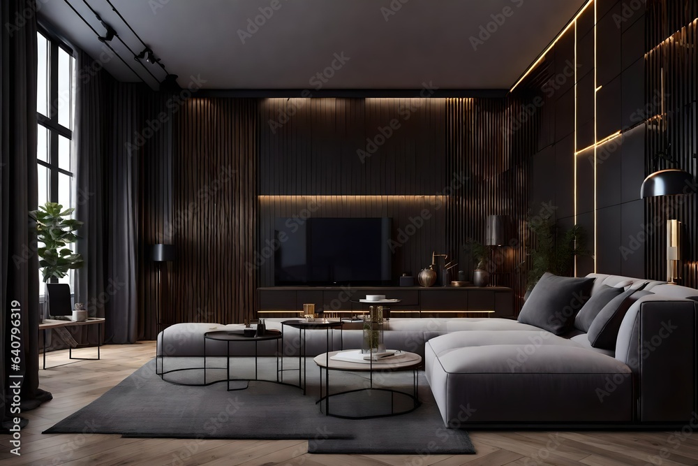Stylish modern room area with wooden floor parquet and 3d panel wall. 3d render Stylish modern room area with wooden floor parquet and 3d panel wall. 3d render