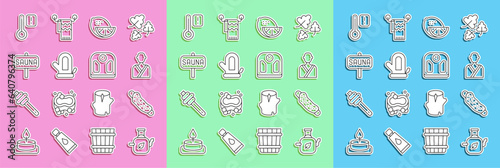 Set line Teapot with leaf, Washcloth, Man in the sauna, Lemon, Sauna mitten, thermometer and Bathroom scales icon. Vector