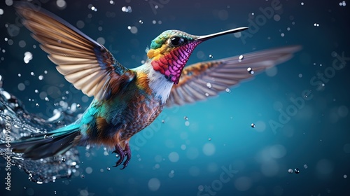  a colorful hummingbird flying through the air with water droplets around it.  generative ai © Anna