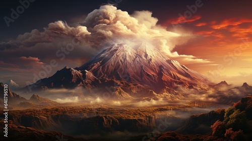 a painting of a mountain covered in smoke and clouds with a sunset in the background. generative ai