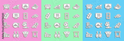 Set line Gold mine, exchange money, bars, 24k, ring, Mine cart with gold and icon. Vector