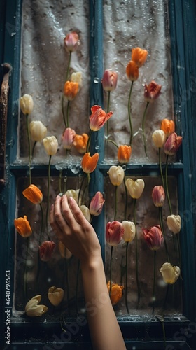 A person reaching out of a window to touch a bunch of flowers
