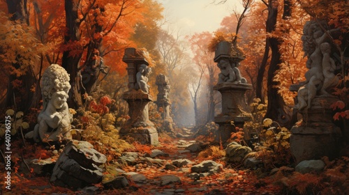 A painting of some statues in a forest