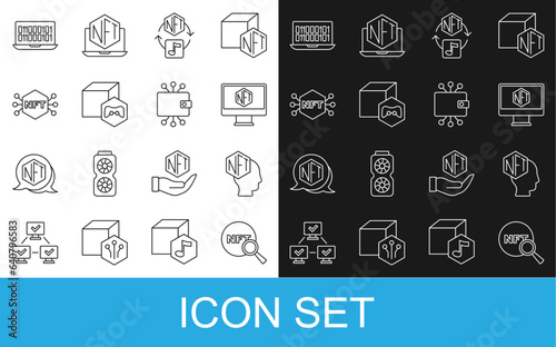 Set line Search NFT, Digital crypto art, Monitor with store app, Binary code and Cryptocurrency wallet icon. Vector