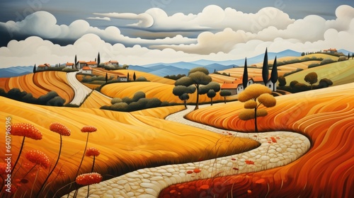 A painting of a rural landscape with a winding road
