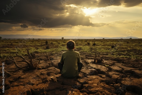 a child sitting on land made barren by global warming