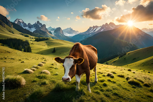 Cow grazing in an alpine meadow. Generative AI