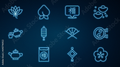 Set line Lotus flower, Yin Yang symbol, Chinese New Year, paper lantern, tea ceremony, Traditional fan and Peach fruit or nectarine icon. Vector