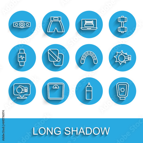 Set line Boxing glove, Bathroom scales, belt, Punching bag, training paws, boxing and Mouth guard boxer icon. Vector