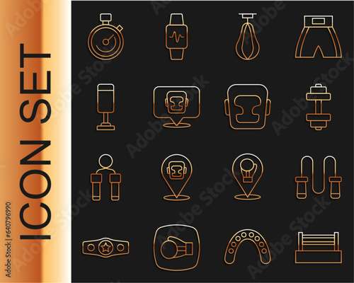 Set line Boxing ring, Jump rope, Dumbbell, Punching bag, helmet, Stopwatch and icon. Vector