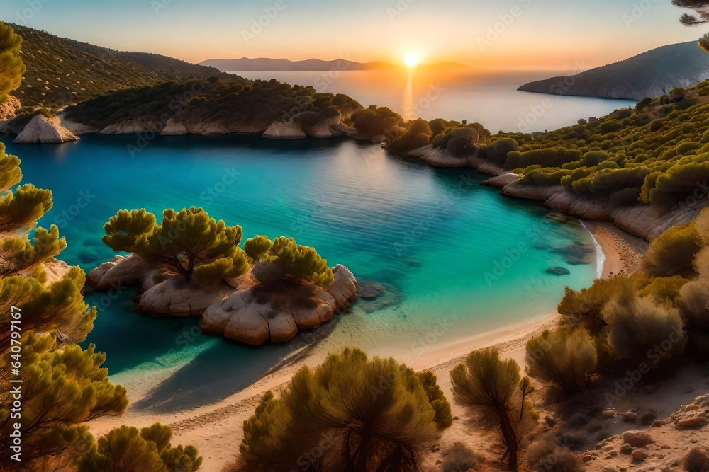 A panoramic sea view of a beautiful natural Aegean cove with a pine forest - AI Generative