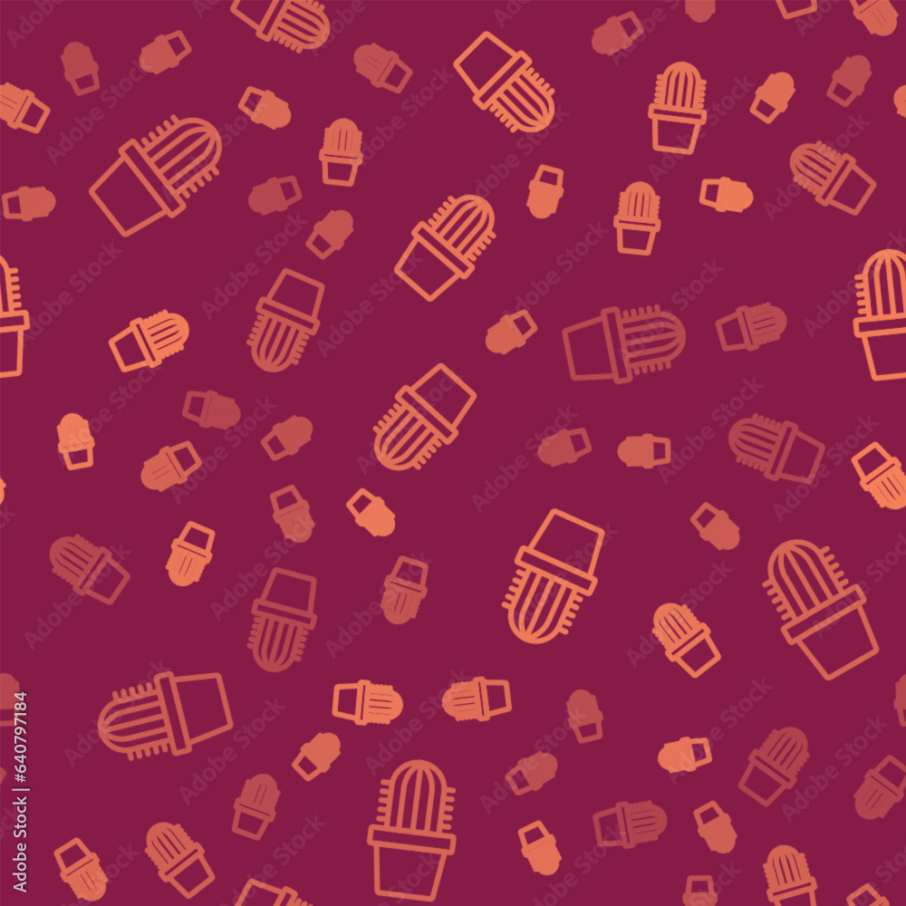 Brown line Cactus peyote in pot icon isolated seamless pattern on red background. Plant growing in a pot. Potted plant sign. Vector Brown line Cactus peyote in pot icon isolated seamless pattern on red background. Plant growing in a pot. Potted plant sign. Vector