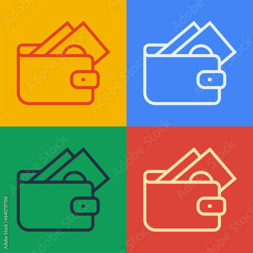 Pop art line Wallet with stacks paper money cash icon isolated on color background. Purse icon. Cash savings symbol. Vector