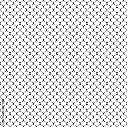 Metallic black mesh on a white background. Geometric texture. Interlaced wavy lines. Monochrome linear waves fence. Seamless repeating pattern. Vector illustration.