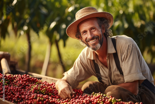 Farmer with his coffee crop on a plantation. New crop of grains