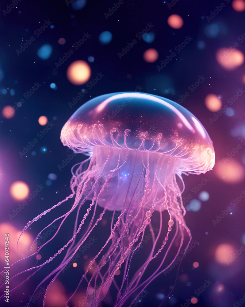 Fototapeta premium Beautiful luminous jellyfish floating in the mysterious sea. Breathtaking underwater scene. 