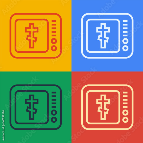 Pop art line Online church pastor preaching video streaming icon isolated on color background. Online church of Jesus Christ. Vector