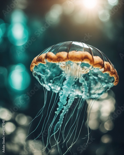 Beautiful luminous jellyfish floating in the mysterious sea. Breathtaking underwater scene.	
