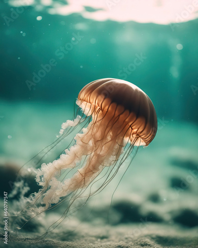 Beautiful luminous jellyfish floating in the mysterious sea. Breathtaking underwater scene.  © Valeriy