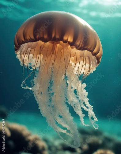 Beautiful luminous jellyfish floating in the mysterious sea. Breathtaking underwater scene. 