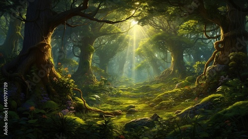  a painting of a forest with sunlight coming through the trees.  generative ai