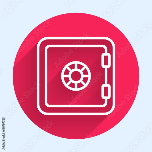 White line Safe icon isolated with long shadow background. The door safe a bank vault with a combination lock. Reliable Data Protection. Red circle button. Vector