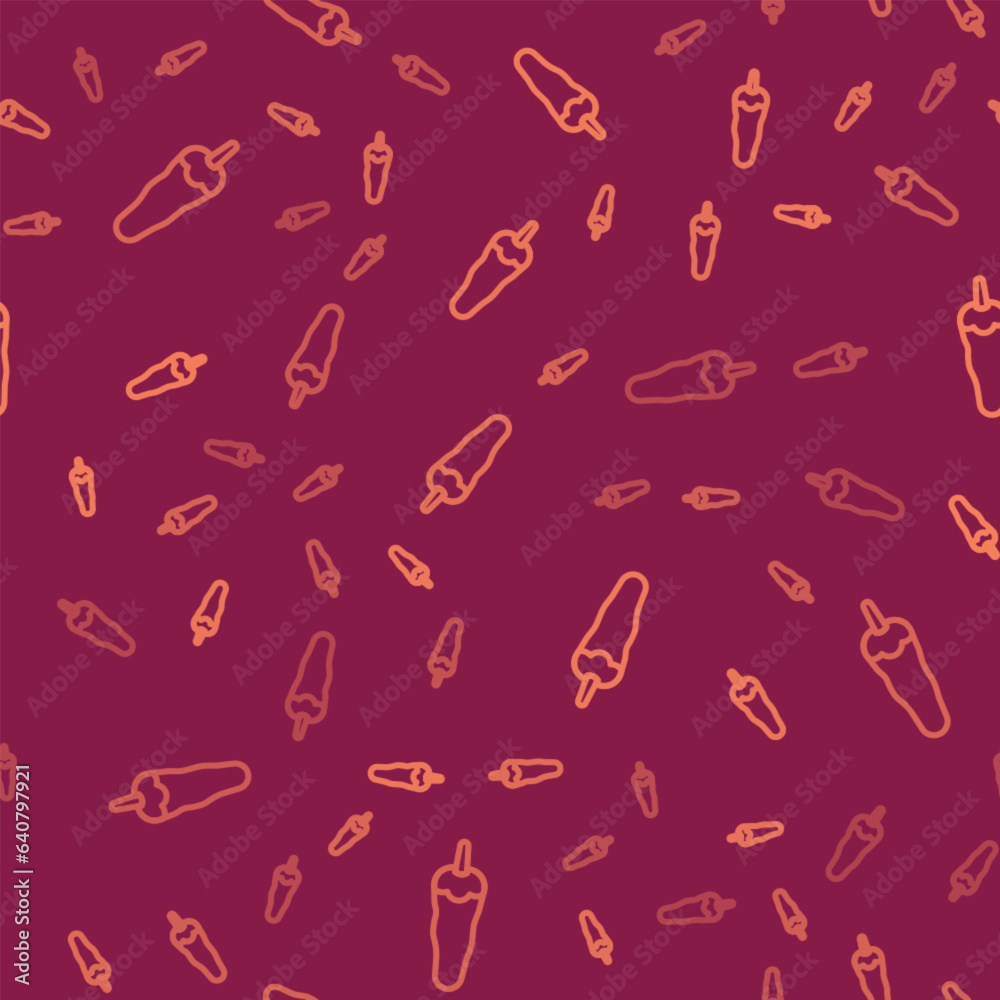Brown line Hot chili pepper pod icon isolated seamless pattern on red background. Design for grocery, culinary products, seasoning and spice package, cooking book. Vector Brown line Hot chili pepper pod icon isolated seamless pattern on red background. Design for grocery, culinary products, seasoning and spice package, cooking book. Vector