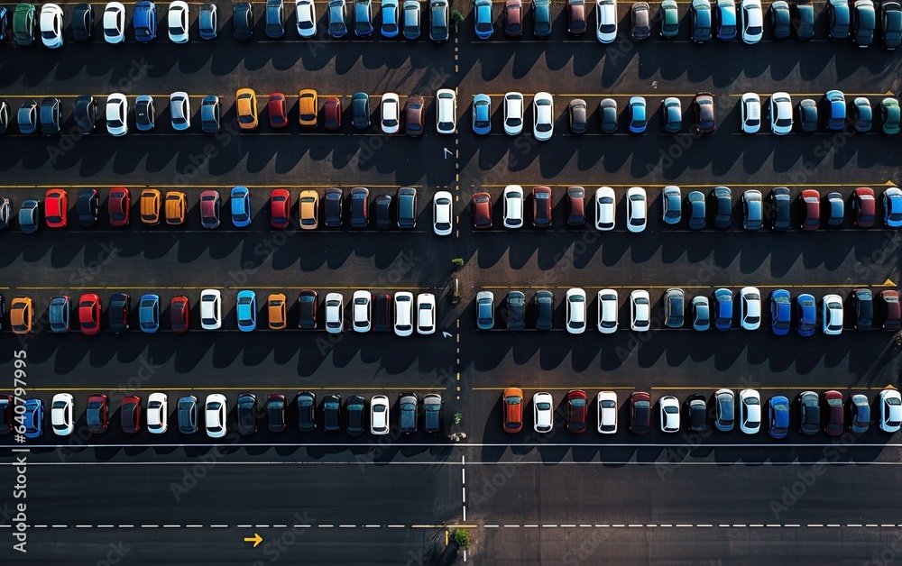 an aerial photo capturing the organized arrangement of brand-new cars lined up at the port, ready for import and export logistics. This scene highlights the efficiency.