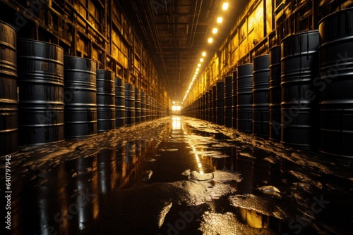 oil industry concept.black barrels of oil in a warehouse © lena