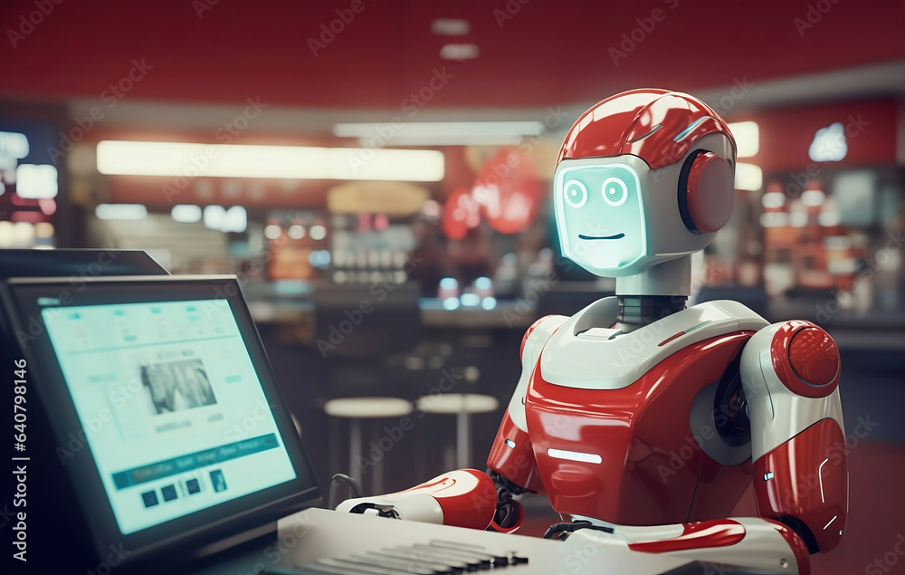 Red humanoid robot works at the cash register in a supermarket. The future concept. AI generated
