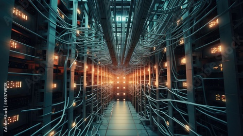 An image of a server room aisle with optical cables hanging neatly from above.