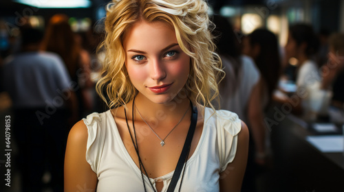 Striking blonde teen in white sundress exuding serenity amidst buzzing newsroom, showcasing beauty and ambition through strong light contrast.